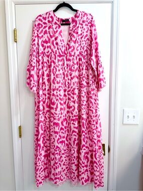 Women's Boho Leopard Print Ruffle Long Sleeve V Neck Maxi Dress